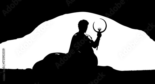 Powerful Poseidon silhouette wielding trident on a sea background, evocative of mythology, strength, and ancient legend for use in graphic design