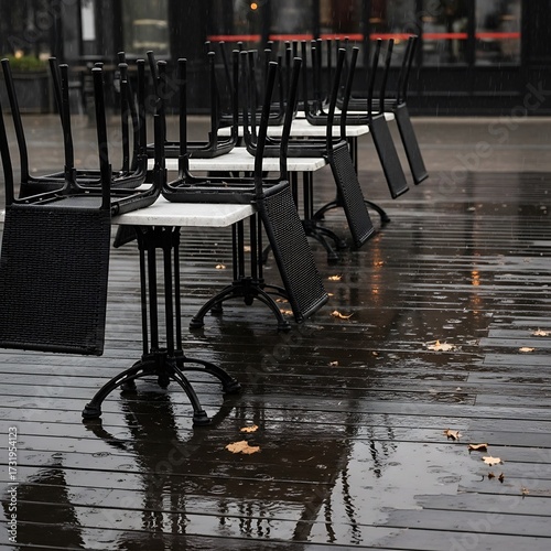 Empty Outdoor Cafe Tables in Rain.
