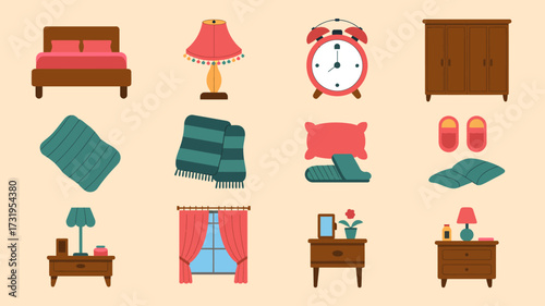 Flat vector set of bedroom furniture and decor in cozy style