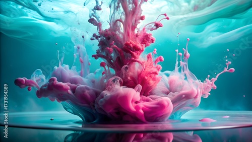 Pink and red ink exploding in turquoise water