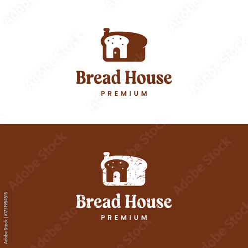 Minimalist and rustic logo design of a slice of bread shaped like a house, suitable for a bakery, cafe, or artisanal bread company. Available in smooth and cracked texture variations.