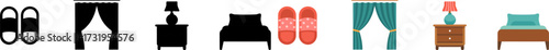 Bedroom interior elements icon set with bed and slippers illustration