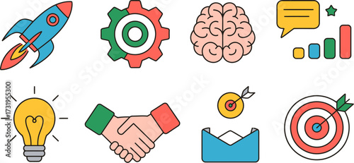 Creative business startup icons representing strategy and innovation solutions concept
