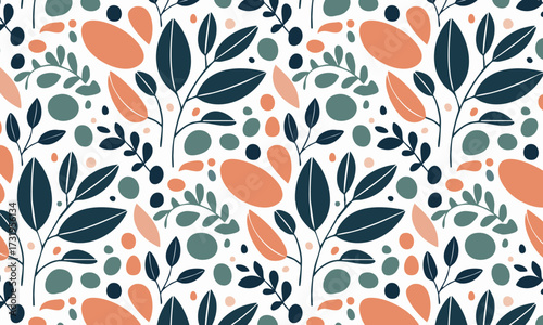Elegant Hand Drawn Botanical Seamless Pattern, Autumn Foliage with Blue and Orange Leaves
