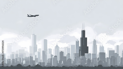 Chicago Cityscape Flat Design with Airplane Overhead A Minimalist Vector Art Style Illustration of the Iconic Skyline