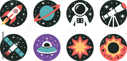 Space Exploration Cartoon Icons Set Exploring Universe Graphics Vector Design