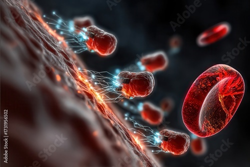 Microscopic futuristic scene of nanobots attaching to artery wall, dissolving plaque deposits and transmitting therapeutic energy near red blood cells for advanced healing