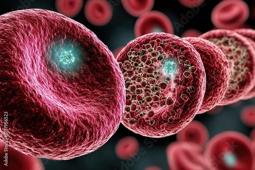 Close-up futuristic visualization of red blood cells interacting with nanotechnology, where microscopic bots release therapeutic light and advanced medicine within the human bloodstream