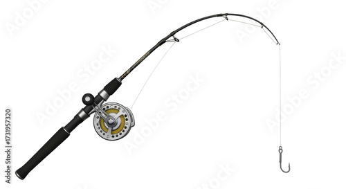 Photos Isolated Fishing Rod and Reel with Line and Hook, angling sport equipment on dis
