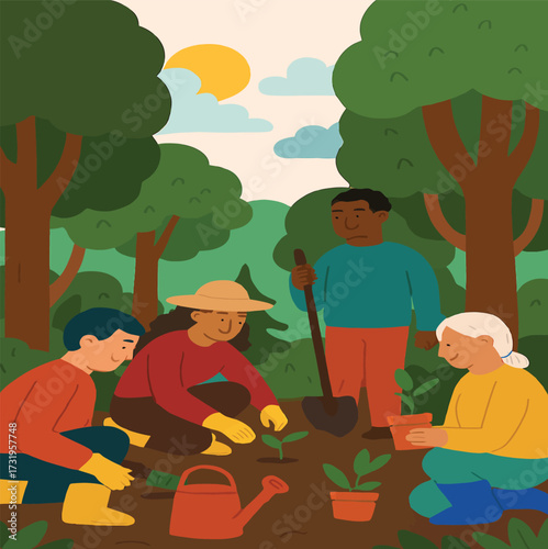 Happy family of farmers working together in their garden with children and a dog cartoon vector illustration