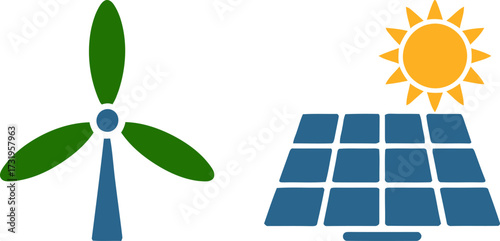 Wind turbine solar panel and sun icons for renewable energy solutions