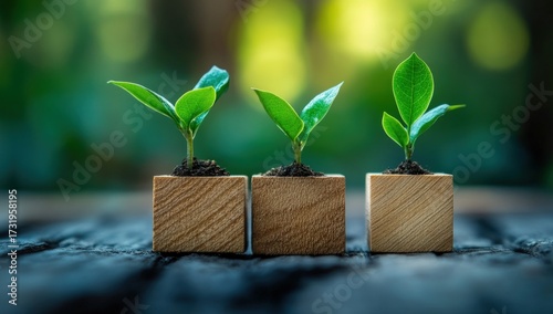Three young green plants sprout from wooden cubes, set on a rough wooden surface