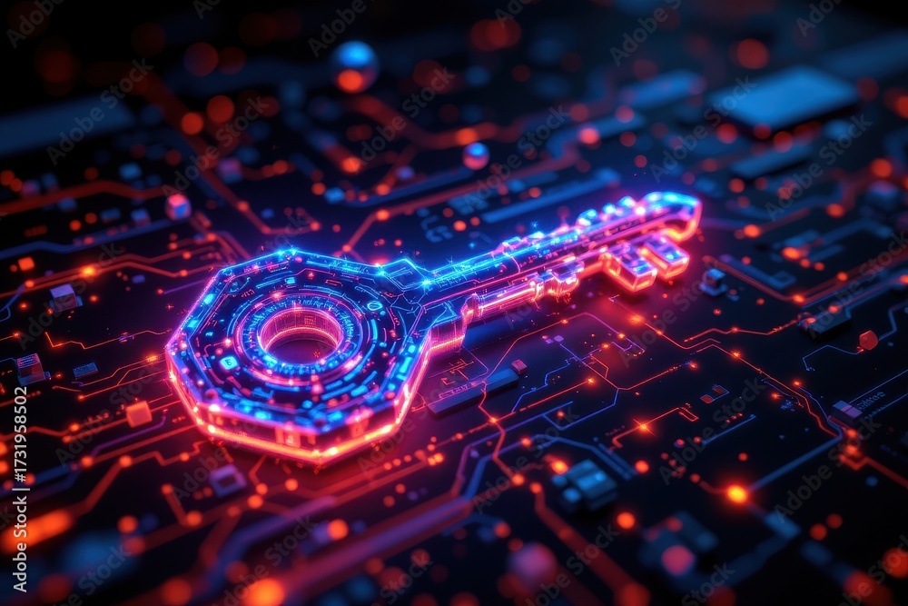 Fototapeta premium futuristic glowing hologram key floating in the dark, surrounded by light particles, symbol of cyber world protection, ultra detailed render, cinematic sci fi concept, 8k hyper realism