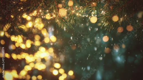 Glowing festive lights and pine branches with snowflakes in holiday atmosphere