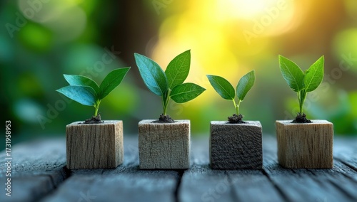 Four small plants sprouting from wooden blocks, arranged on a weathered wood surface