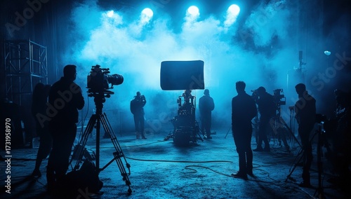 Silhouetted figures and equipment film on a stage with blue lighting and fog effects