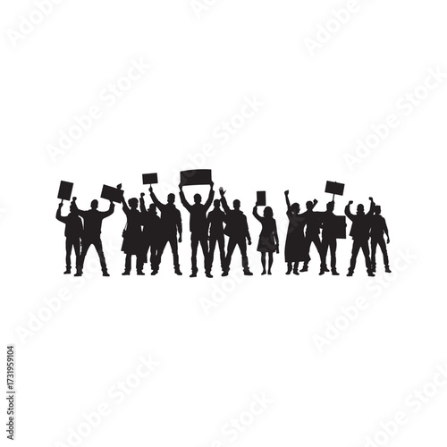 Protesters Silhouette Group Standing with Banners Vector Illustration