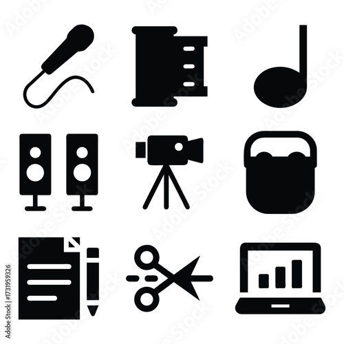 Music production audio sound engineering studio recording equipment icon set for creative projects 