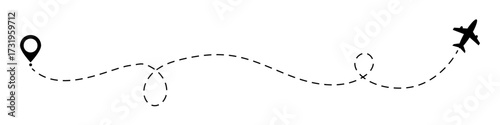 Long dash line airplane flight path. Simple icon is perfect for travel agency logos, vacation-themed designs, or flight tracking infographics
