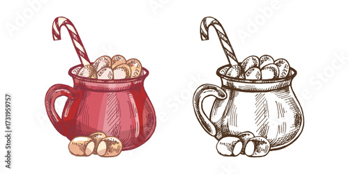 Hand drawn vintage sketch of red mug with hot chocolate, marshmallow and candy cane, color and monochrome set