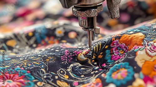 Sewing machine stitching patterned fabric, close-up on the needle and fabric texture