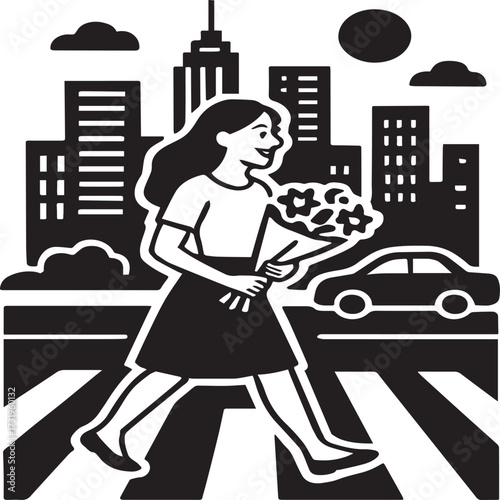 Woman walking in city street at night carrying bag silhouette vector illustration