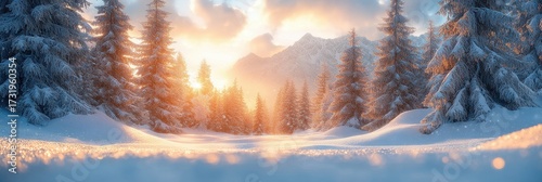 Stunning winter landscape with snow-covered trees and a bright sunset sky