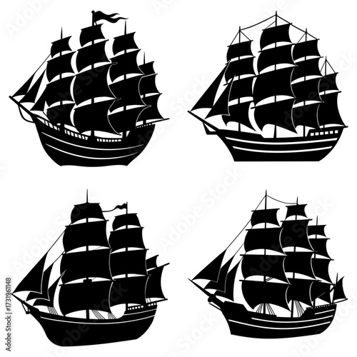Four black silhouette illustrations of sailing ships with multiple masts and billowing sails on white background