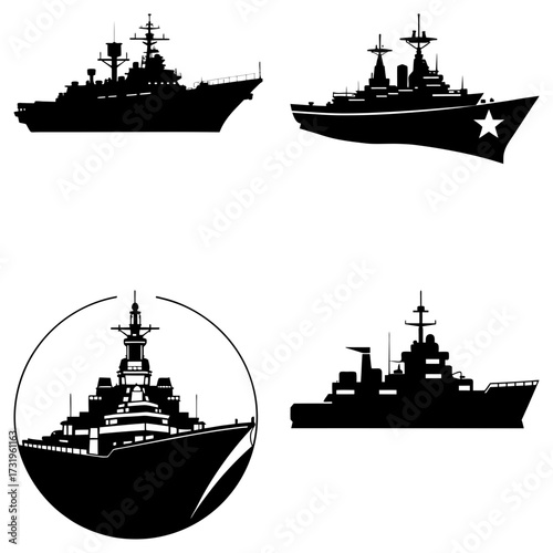 Illustration showing four different silhouettes of naval battleships in black on a white background design