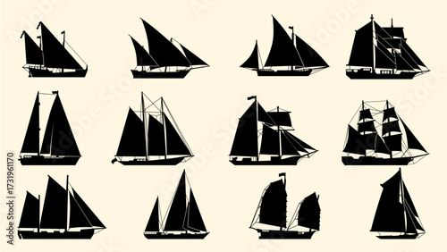 Silhouettes of various sailing ships and boats with different sail designs, showcasing maritime tradition, navigation, and nautical heritage.