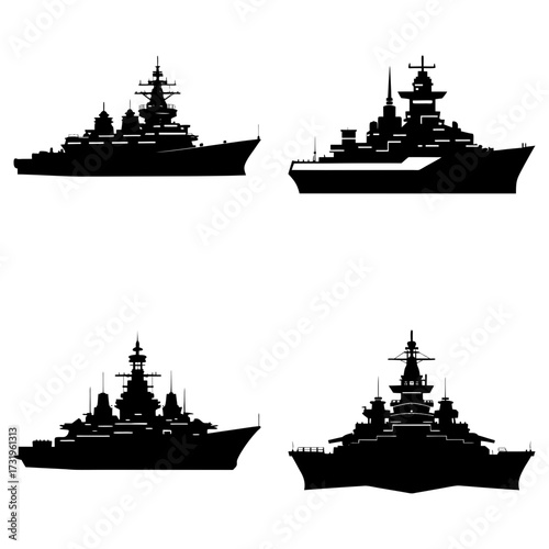 Four silhouettes of battleships with detailed superstructures against a white background showcase naval power