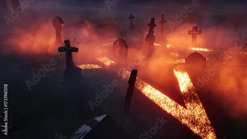 Halloween. Activating a portal to summon a demon in an abandoned old cemetery. 3D rendering.