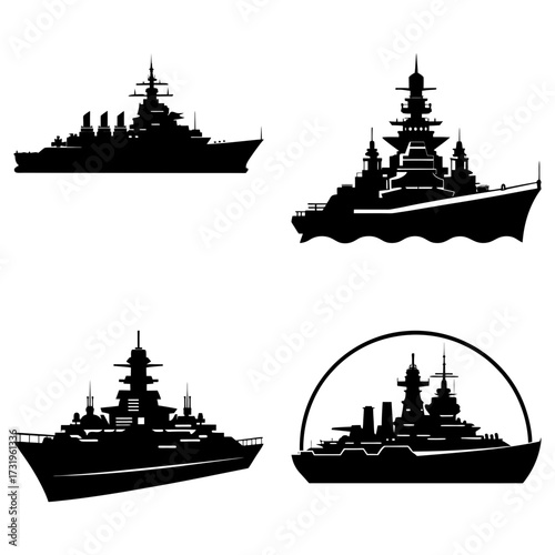 Silhouette illustrations of four different battleships with detailed superstructures and various orientations