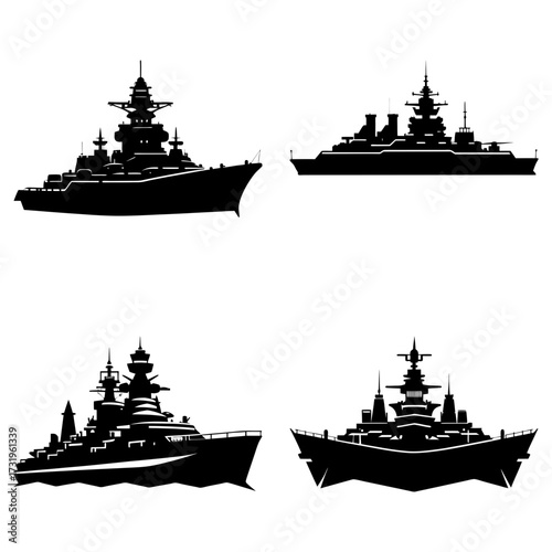 Four silhouette illustrations of battleship warships with detailed superstructures and gun turrets