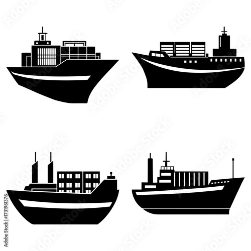 Illustration showing four cargo ships with container stacks in black silhouette on a white background