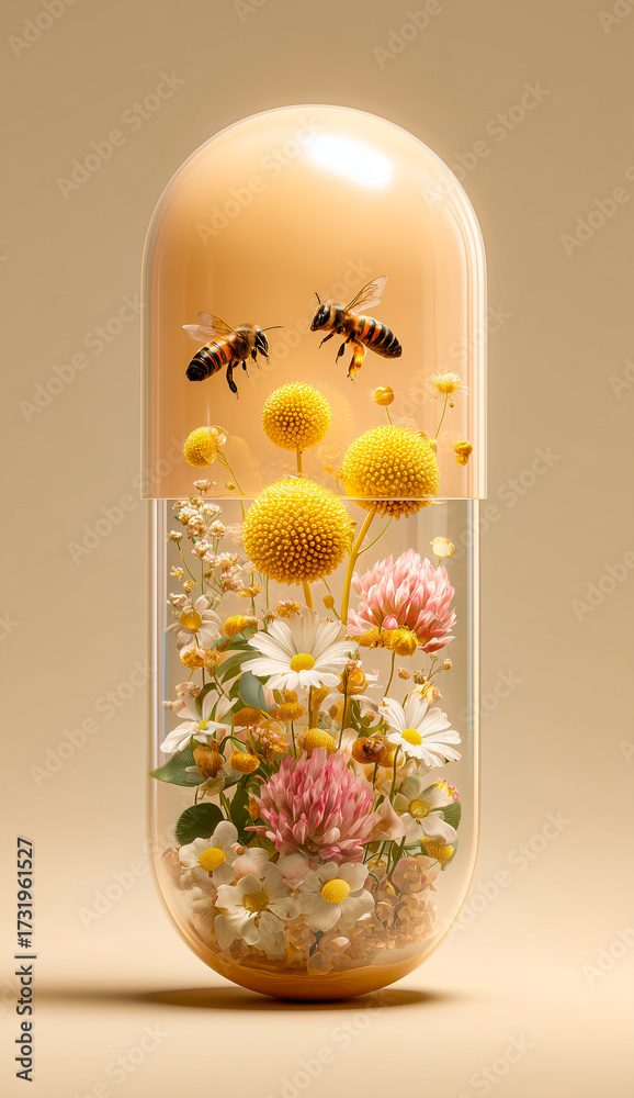 Obraz premium Bees and wildflowers preserved inside a transparent capsule