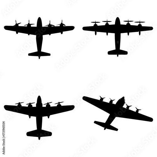 Four airplane silhouettes with propellers in various orientations against a white background plane shapes