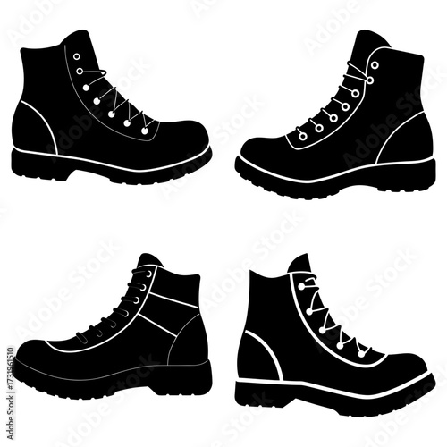 Collection of four black silhouette images of lace up hiking boots with thick soles on a white background