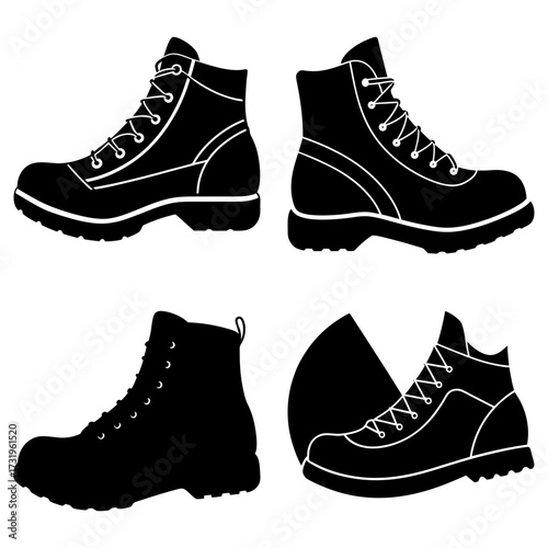 Four black and white silhouette images of hiking boots with laces and rugged soles in various positions