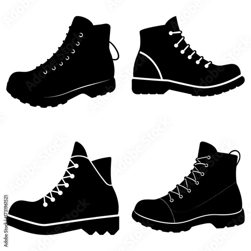 Collection of four black silhouette hiking boots with laces and rugged soles on a white background
