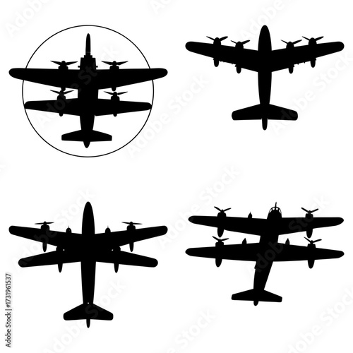 Four overhead silhouettes of a b seventeen flying fortress airplane in varying orientations and perspectives