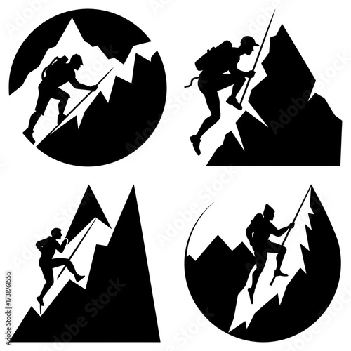 Four black and white silhouette illustrations of mountain climbers ascending rocky peaks with ropes and gear