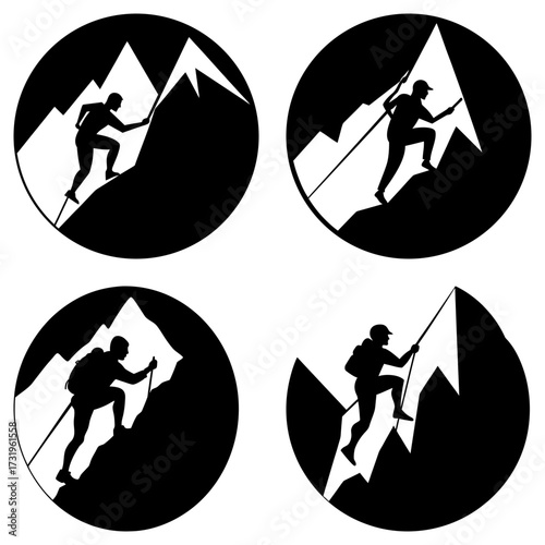 Four circular icons depicting mountain climbers ascending peaks in black and white silhouette style imagery