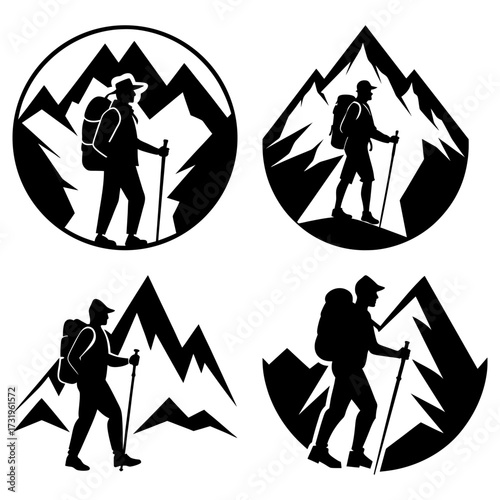 Silhouetted hikers with backpacks and trekking poles against mountain backgrounds in various circular shapes