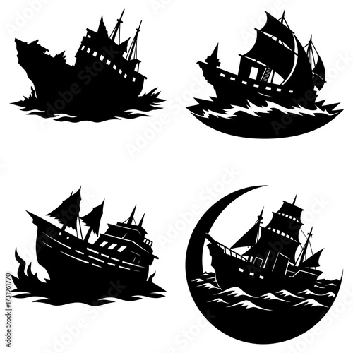 Four silhouettes of sailing ships in stormy waters with varying degrees of damage and destruction