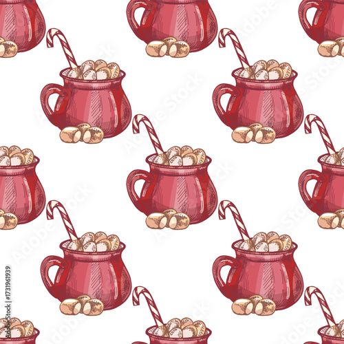 Hand drawn vintage seamless pattern of red mug with hot chocolate, marshmallow and candy cane isolated