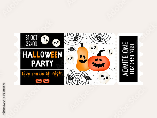 Illustration of a Halloween party ticket on a light gray background.