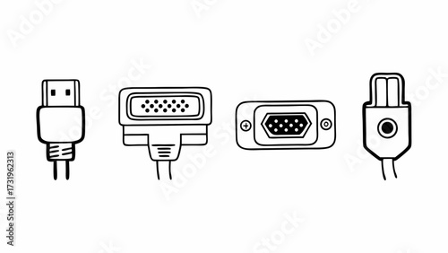 Illustration of four different types of computer cables and connectors in a simple line drawing created with generated ai 