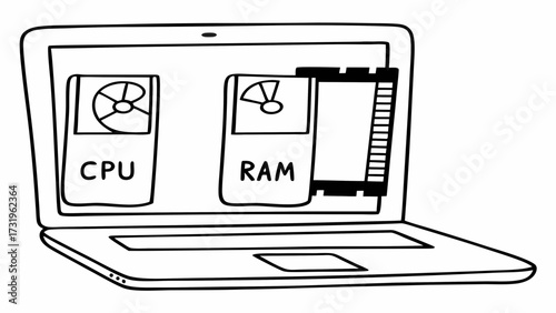 Illustration of a laptop screen displaying cpu and ram components with a memory module shown as well created with generated ai 