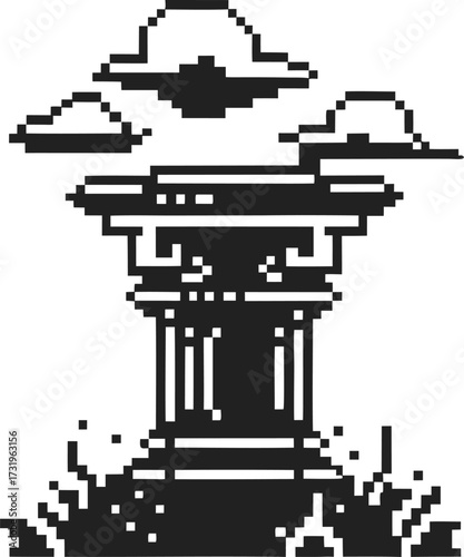 Ancient greek column pixel art classic ionic pillar with clouded sky, digital minimal retro style, history architecture concept